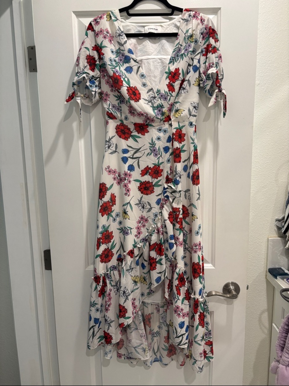 Yumi Kim White High-Low Floral Wrap Dress with Red & Blue Flowers